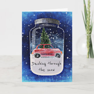 Cartão De Festividades Christmas Tree and Car Winter Scene in a Mason Jar