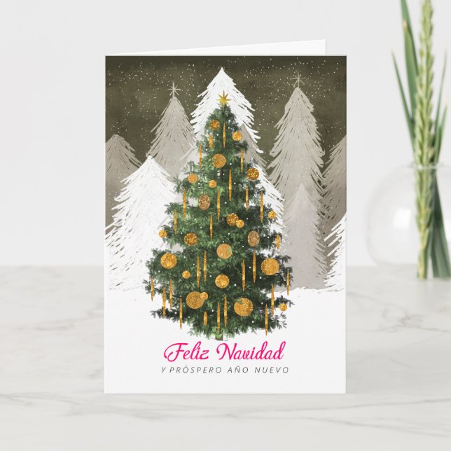 Cartão De Festividades Christmas Tree Card in Snow in Spanish (Español) (Frente)