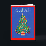 Cartão De Festividades Christmas Tree Card with Swedish Greeting<br><div class="desc">A Christmas Card with 'Merry Christmas' in Swedish,  and a festive,  decorated Christmas Tree,  from a handpainted paper collage by Judy Adamson. The inside is left blank for your own message.</div>