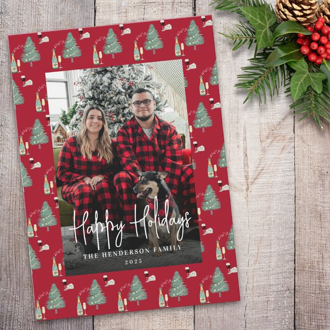 Cartão De Festividades Christmas Tree Music Wine Cheese Custom Photo (Happy holidays watercolor christmas tree lights wine cheese personalized Photo holiday card)
