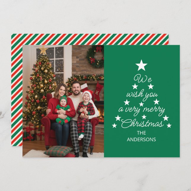 Cartão De Festividades Christmas Tree Typography Family Photo Stars Green (Frente/Verso)