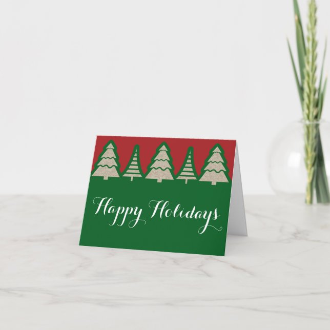 Cartão De Festividades Christmas Trees Red & Green Brown Paper Fold Card (Frente)