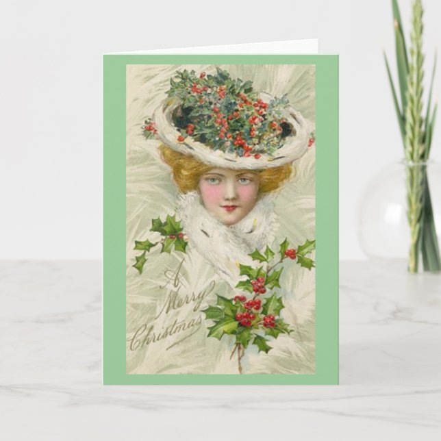Cartão De Festividades Christmas Victorian Lady holding a Sprig of Holly (Frente)