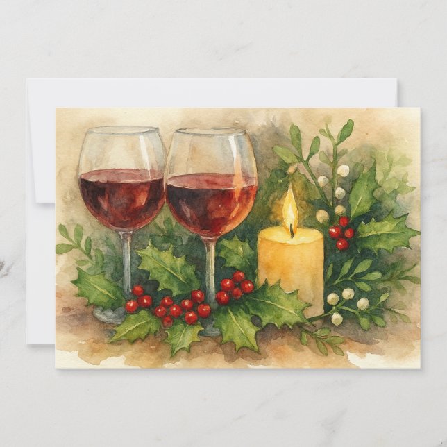 Cartão De Festividades Christmas Wine Glasses Candle Holly & Mistletoe (Frente)