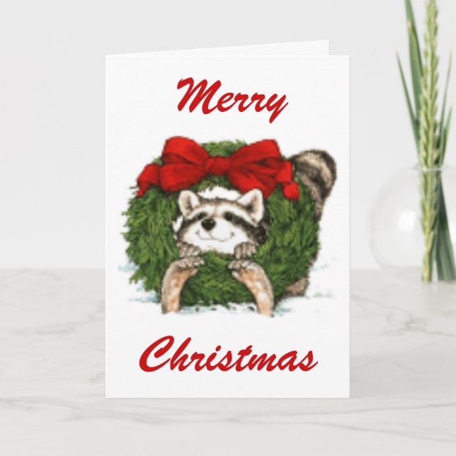 Cartão De Festividades Christmas Wreath Decoration And Raccoon (Frente)