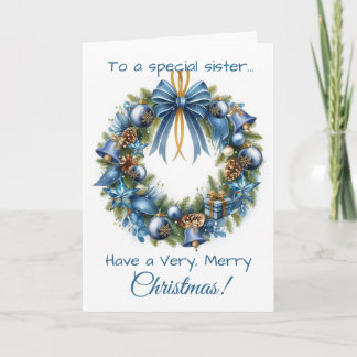 Cartão De Festividades Christmas Wreath in Blue & Gold Card for Sister