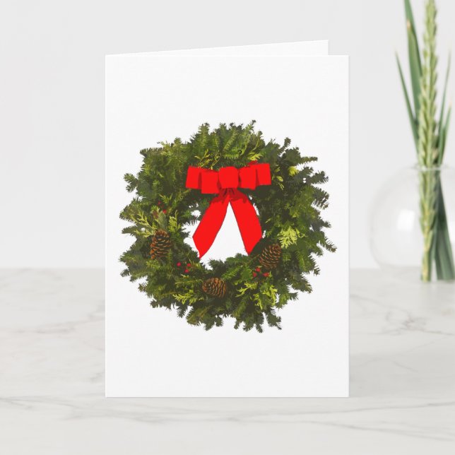 Cartão De Festividades Christmas Wreath with Pine Cones and Red Bow (Frente)