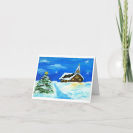 Cartão De Festividades Church Christmas Tree Landscape Art Snow Stars