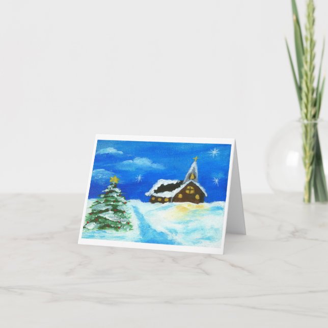 Cartão De Festividades Church Christmas Tree Landscape Art Snow Stars (Frente)