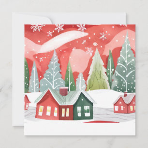 Cartão De Festividades Cidade Feliz Natal   Aquarela Vermelha Verde