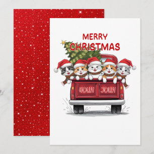Cartão De Festividades Cinco Gatos de Natal Felinos Truck Vermelho