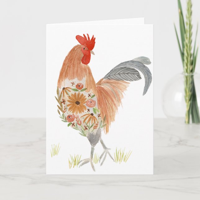 Cartão De Festividades Cinto Aquarela de Placa de Rooster Floral (Frente)