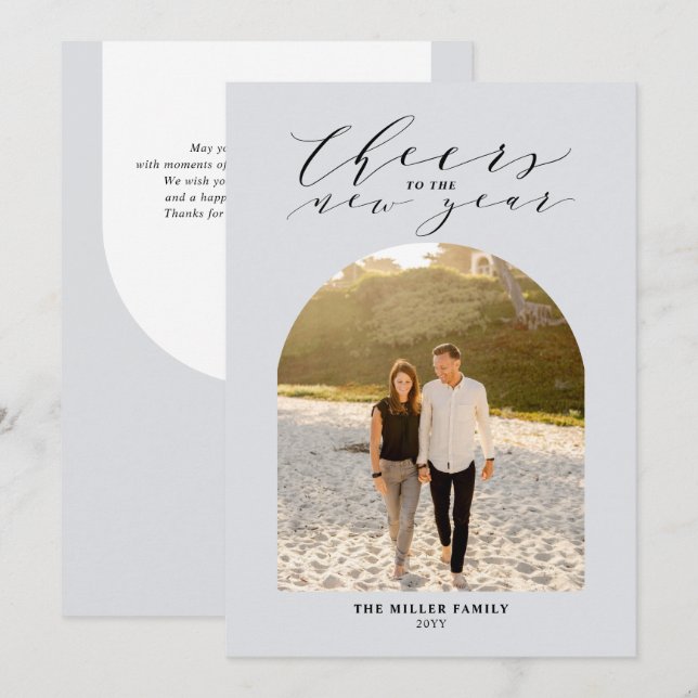 Cartão De Festividades Cinza Brindes para o Ano Novo Foto Saudação (Frente/Verso)