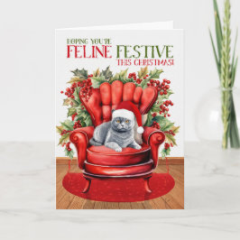 Cartão De Festividades Cinza Britânica de Natal Gato FELINE Festivo