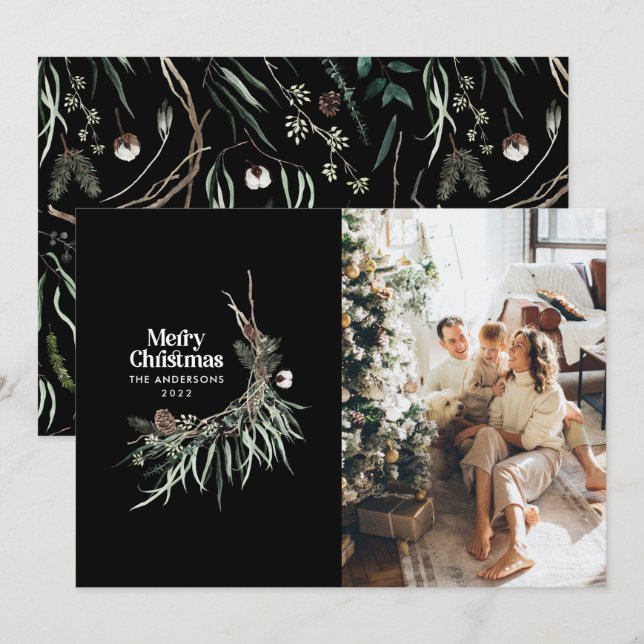 Cartão De Festividades Cinza-d-água elegante, preto (Frente/Verso)