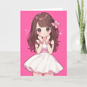 Cartão De Festividades Cinza de Animação Kawaii Chibi Rosa