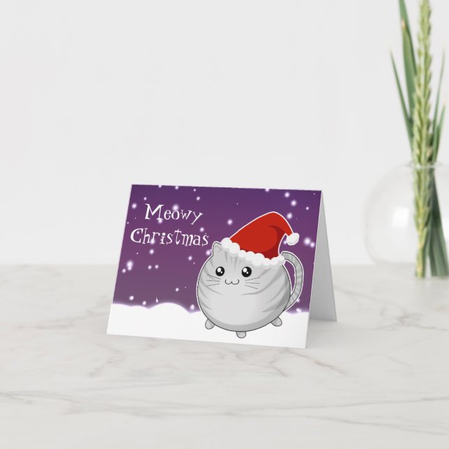 Cartão De Festividades Cinza de natal de Kawaii por gatinho (Frente)