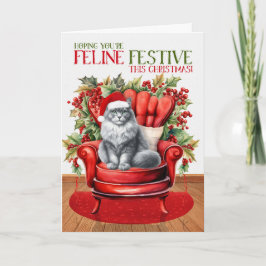 Cartão De Festividades Cinza e Natal Branco Gato FELIZ Festivo