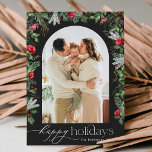 Cartão De Festividades Cinza Escura Chic Arch Botânico Moderno 1 Foto<br><div class="desc">Esta coleção apresenta florais vermelhos de aquarela,  bagas e verde de inverno com tipografia moderna e elegante,  com padrão botânico de inverno.</div>