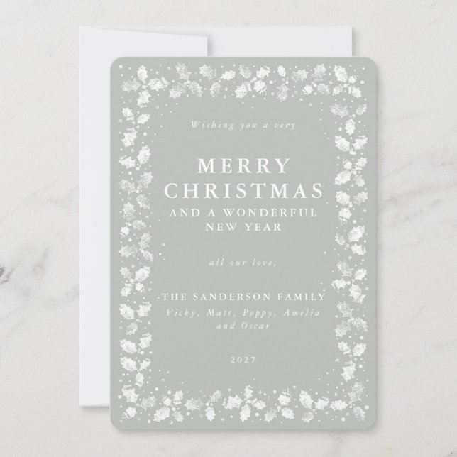 Cartão De Festividades Cinza - Mão Verde Impressa Holly (Frente)