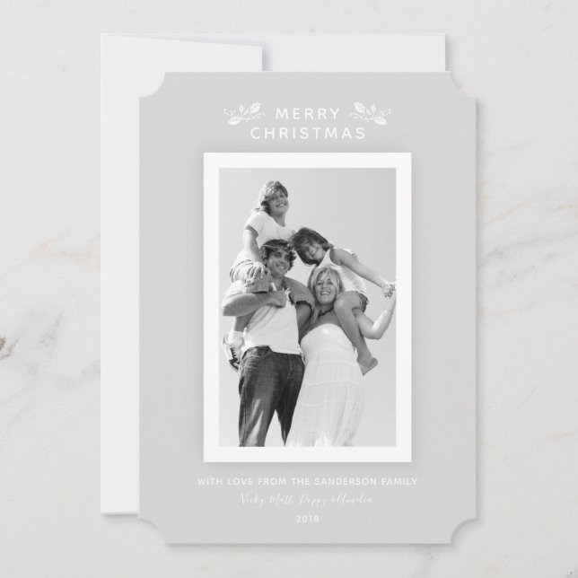 Cartão De Festividades Cinza Mínima Moderna e Foto de Natal Branco (Frente)