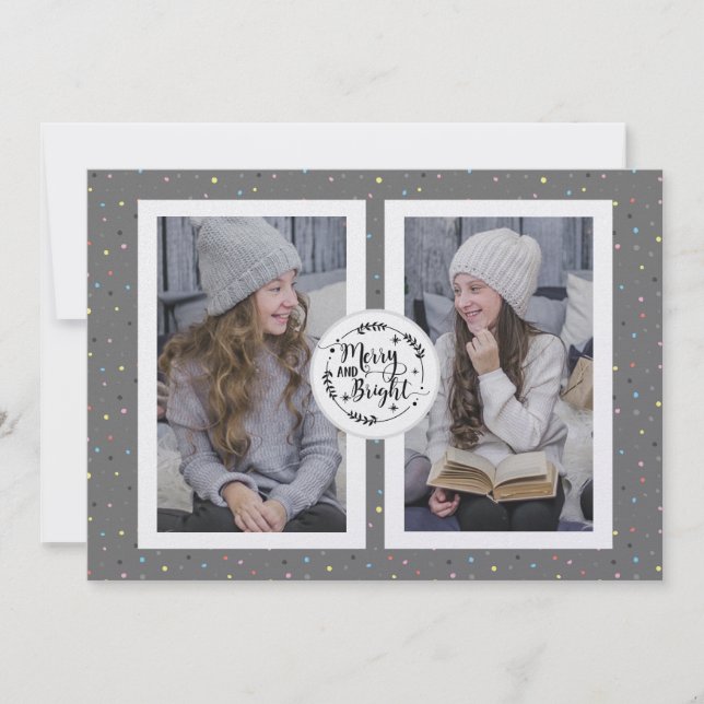 Cartão De Festividades Cinza Moderna e Bolinhas de Duas Cartas de Natal (Frente)