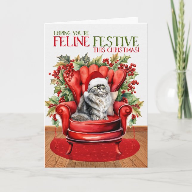 Cartão De Festividades Cinza Natal Persa Gato FELINE Festivo (Frente)