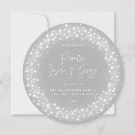 Cartão De Festividades Cinza Script Font Peace Love+Joy Sparkes Lights