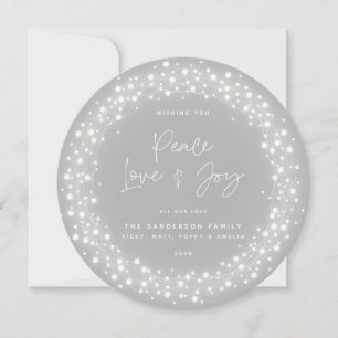 Cartão De Festividades Cinza Script Font Peace Love+Joy Sparkes Lights