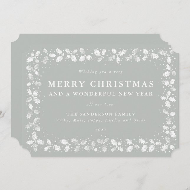 Cartão De Festividades Cinza Verde Lino Impressão Holly Feliz Natal (Frente/Verso)