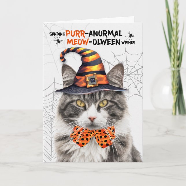 Cartão De Festividades Cinza White Halloween Cat PURRolinterm anormal (Frente)