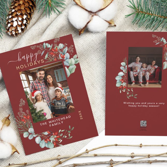 Cartão De Festividades Cinzas Botânicas De Aquarela Foto Borgonha (You will love these beautiful Christmas cards! They feature botanical watercolor pine and berries.)