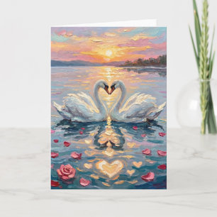 Cartão De Festividades Cisnes Românticos Pintura do Coração do Pôr do Sol