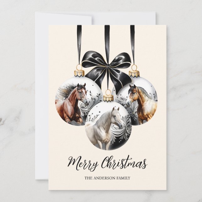 Cartão De Festividades Citação de Natal dos cavalos preto e dourado (Frente)