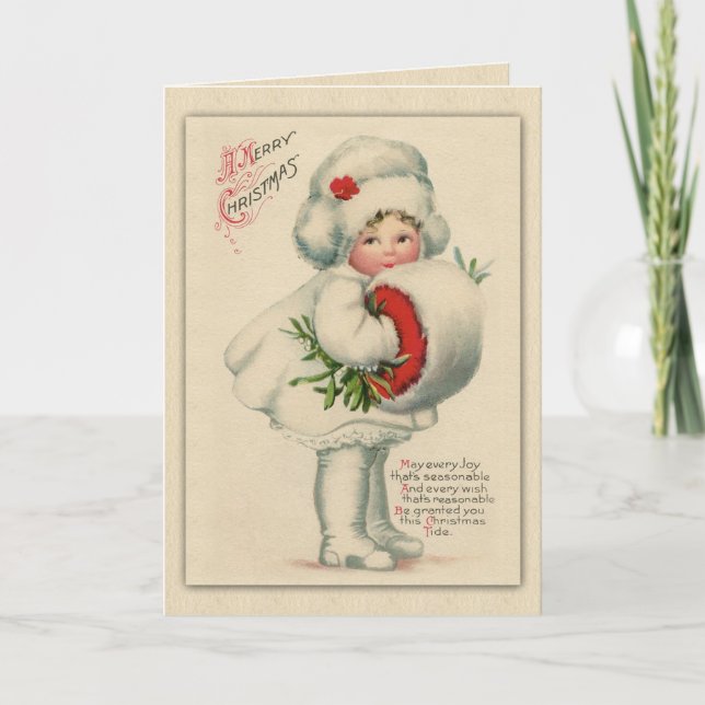 Cartão De Festividades Clapsaddle Antique Christmas Girl in White Fur (Frente)
