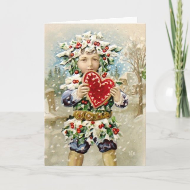 Cartão De Festividades Clapsaddle: Holly Boy with Heart (Frente)
