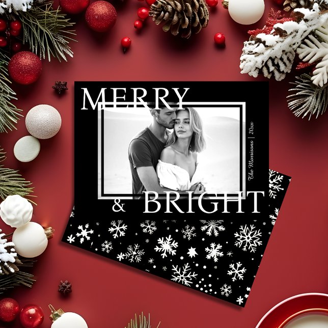 Cartão De Festividades Classic Black Merry & Bright Bold Snowflake Photo (Classic Black Merry & Bright Bold Snowflake Photo Holiday Card)