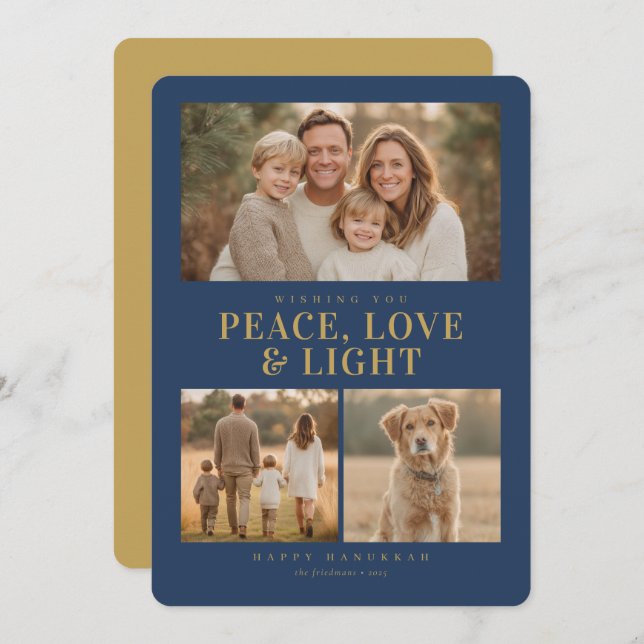 Cartão De Festividades Classic Blue Hanukkah Peace & Light Photo Collage (Frente/Verso)