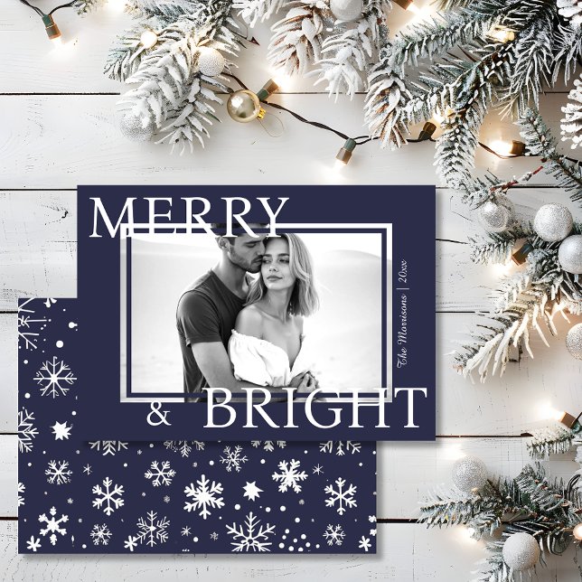 Cartão De Festividades Classic Blue Merry & Bright Bold Snowflake Photo (Classic Blue Merry & Bright Bold Snowflake Photo Holiday Card)