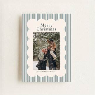 Cartão De Festividades Classic Blue Stripe Photo Holiday Card