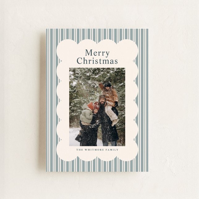 Cartão De Festividades Classic Blue Stripe Photo Holiday Card (Criador carregado)