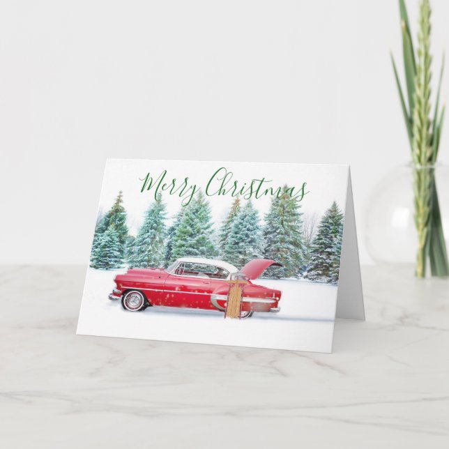Cartão De Festividades Classic Car Snow Scene Christmas Card (Frente)