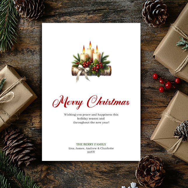 Cartão De Festividades Classic Christmas candles pine greenery greeting (Classic Christmas candles pine greenery greeting)