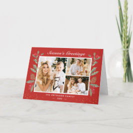 Cartão De Festividades Classic Christmas Red Holly Berries 3 Photo Folded