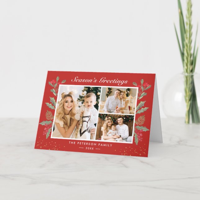 Cartão De Festividades Classic Christmas Red Holly Berries 3 Photo Folded (Frente)