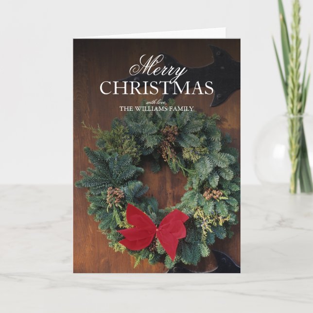 Cartão De Festividades Classic Christmas Wreath on Wood Door (Frente)