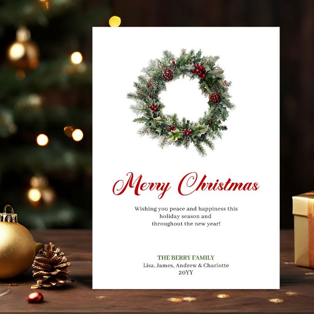 Cartão De Festividades Classic Christmas Wreath with Holly Greeting Card (Classic Christmas Wreath with Holly Greeting Card)