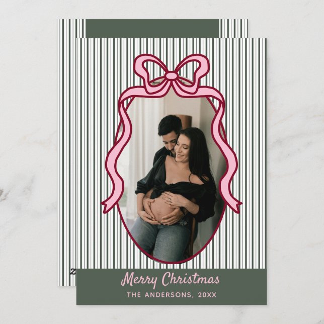 Cartão De Festividades Classic Dark Green Stripes & Pink Bow Christmas (Frente/Verso)
