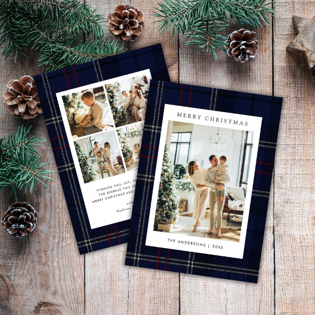 Cartão De Festividades Classic Festive Navy Plaid 5 Photo Christmas (Criador carregado)