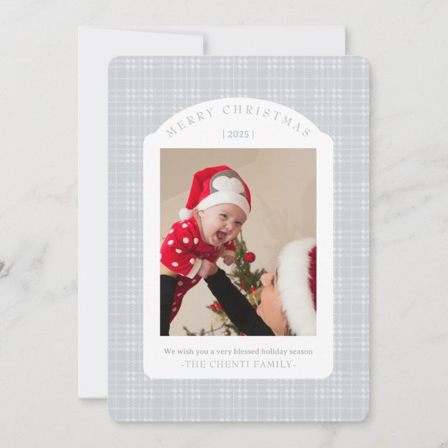 Cartão De Festividades Classic Gray Plaid Christmas Card (Frente)